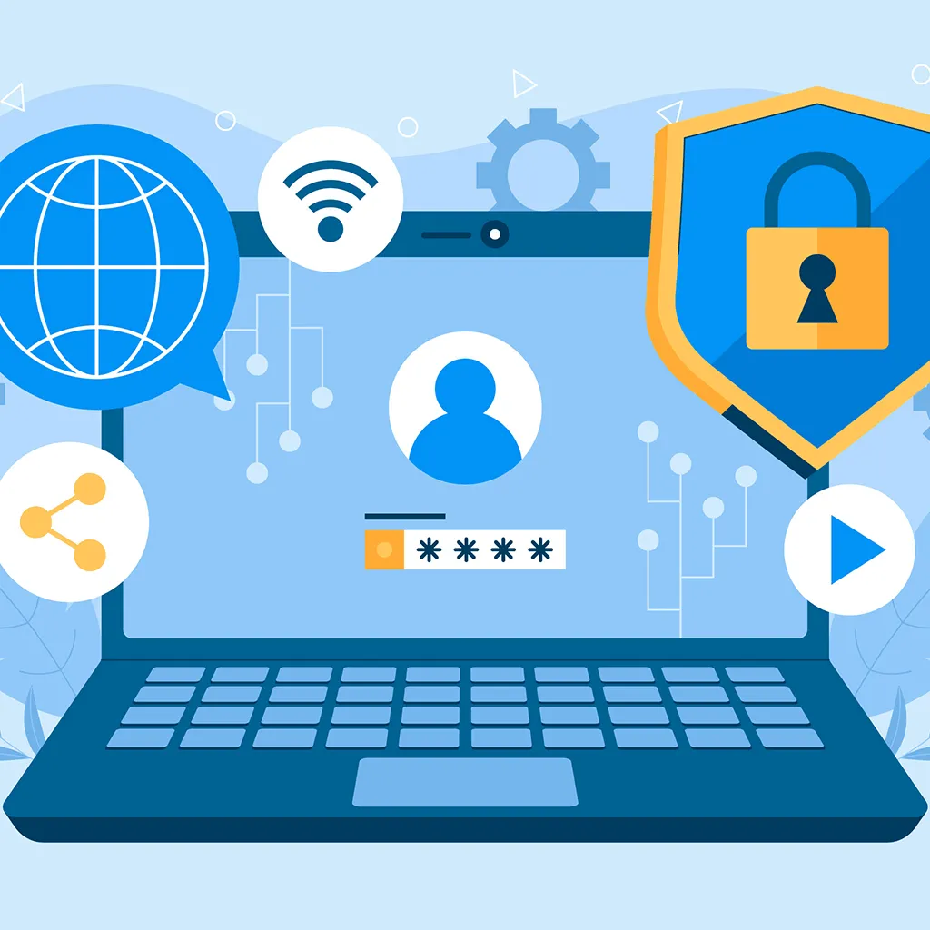 Illustration of a laptop protected by security shields and a padlock