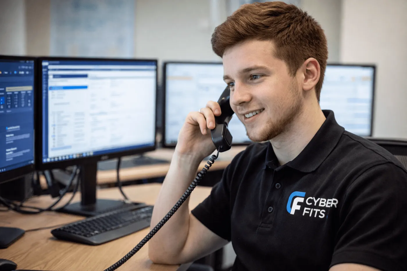 A Cyber Fits support technician taking a client call at our Sunderland helpdesk